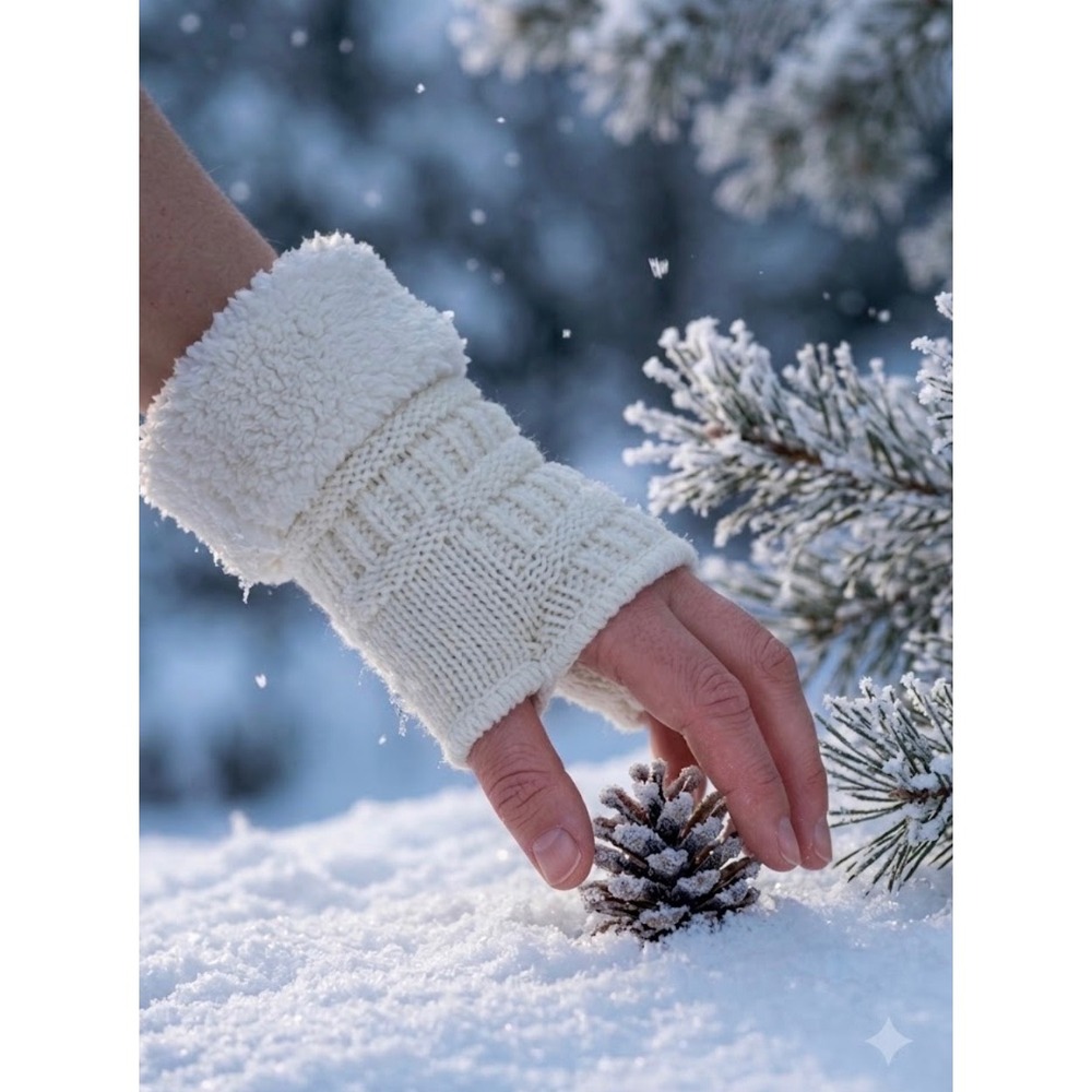 C.C Ivory Cable Knit Sherpa Lined Fingerless Gloves FLG-25 Womens Winter Mittens